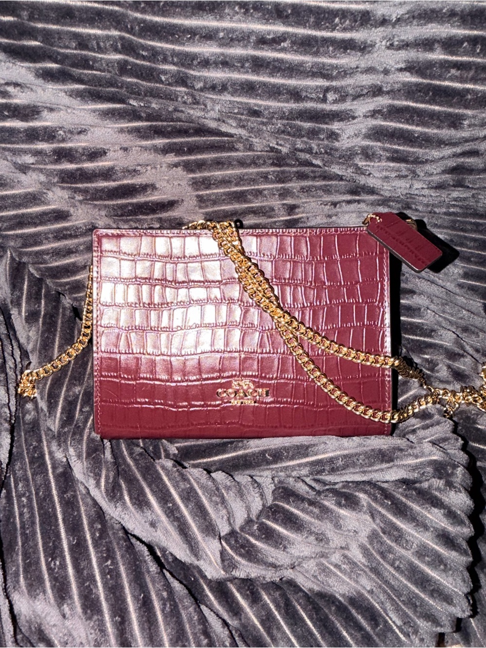 Coach Croc-Embossed Leather Chain Crossbody Bag in Burgundy with Gold Hardware
